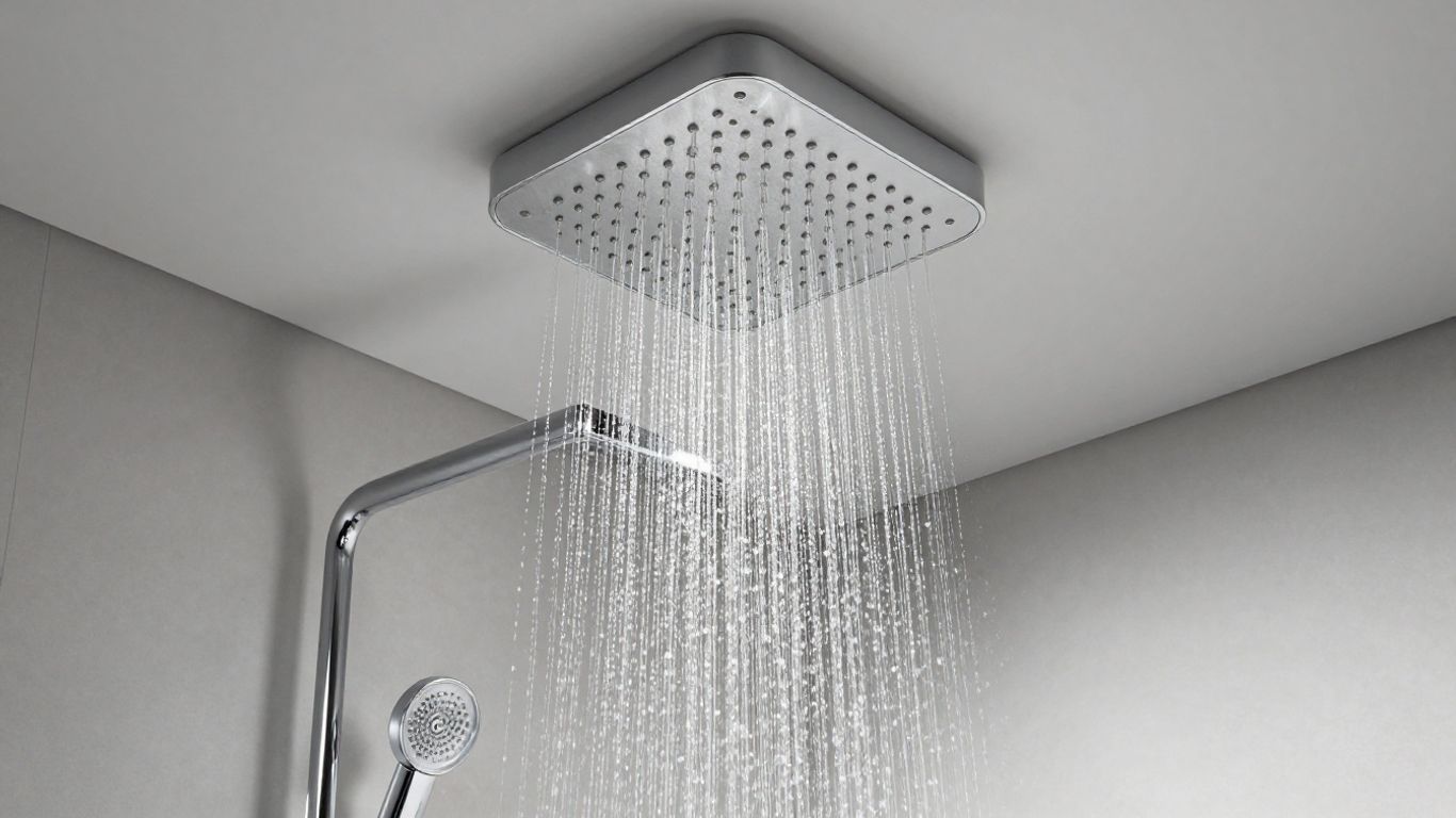 Luxurious bathroom with ceiling-mounted rain shower.