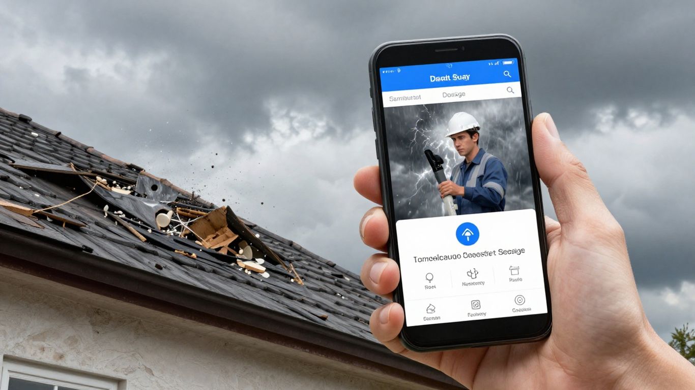 Contractor assessing storm damage on a roof with a smartphone.