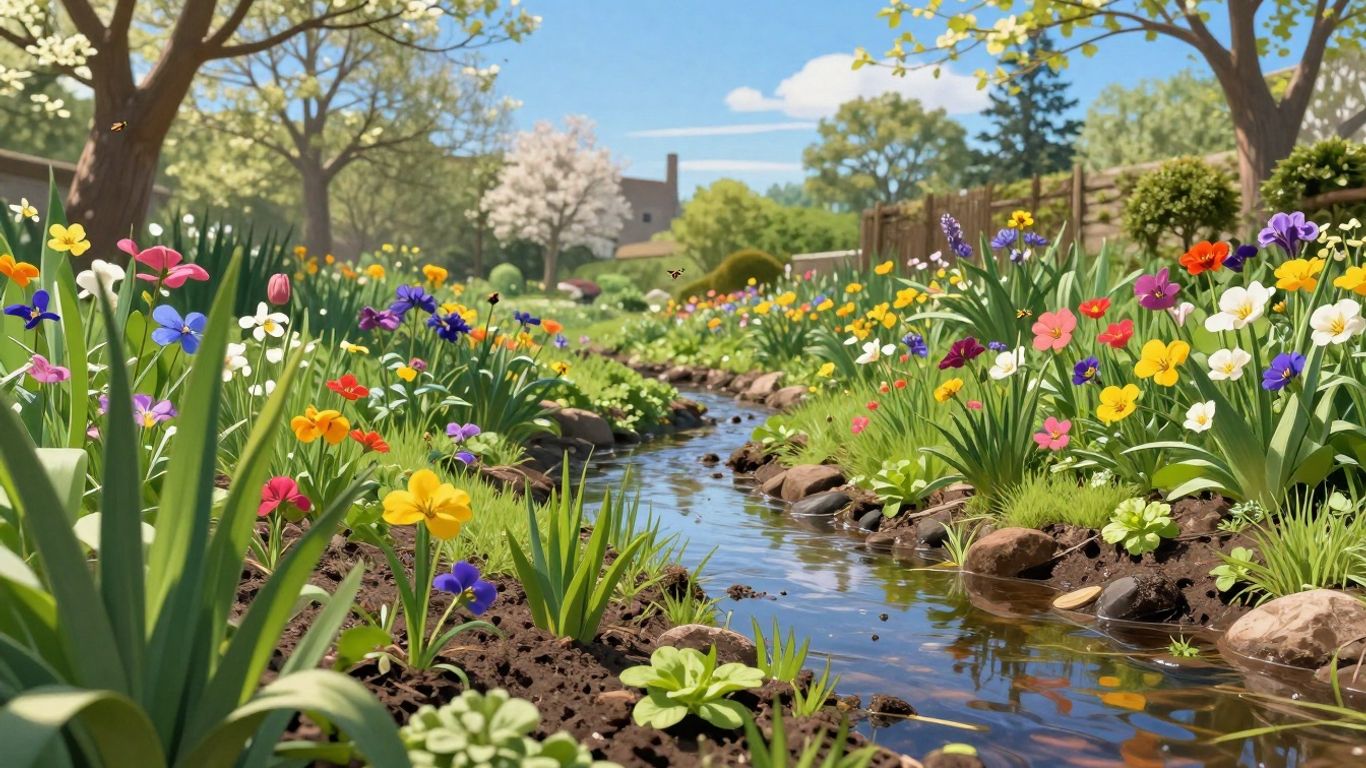 Frühlingsgarten mit blühenden Blumen und Insekten