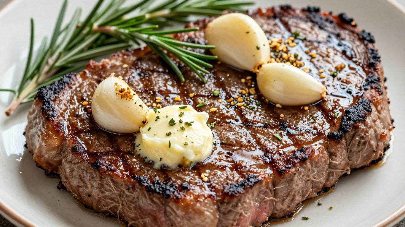 Rosemary and garlic steak on a plate.