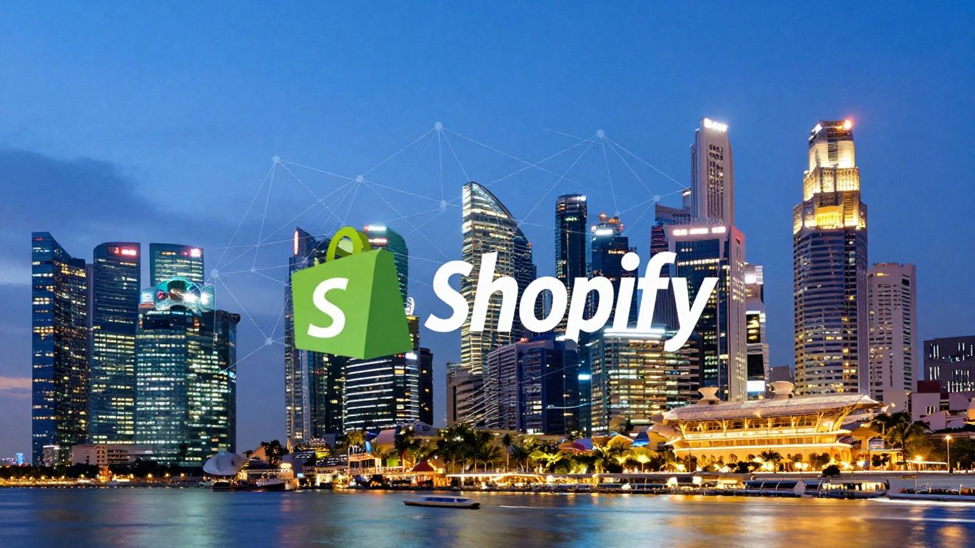 Singapore skyline with digital network and Shopify logo.