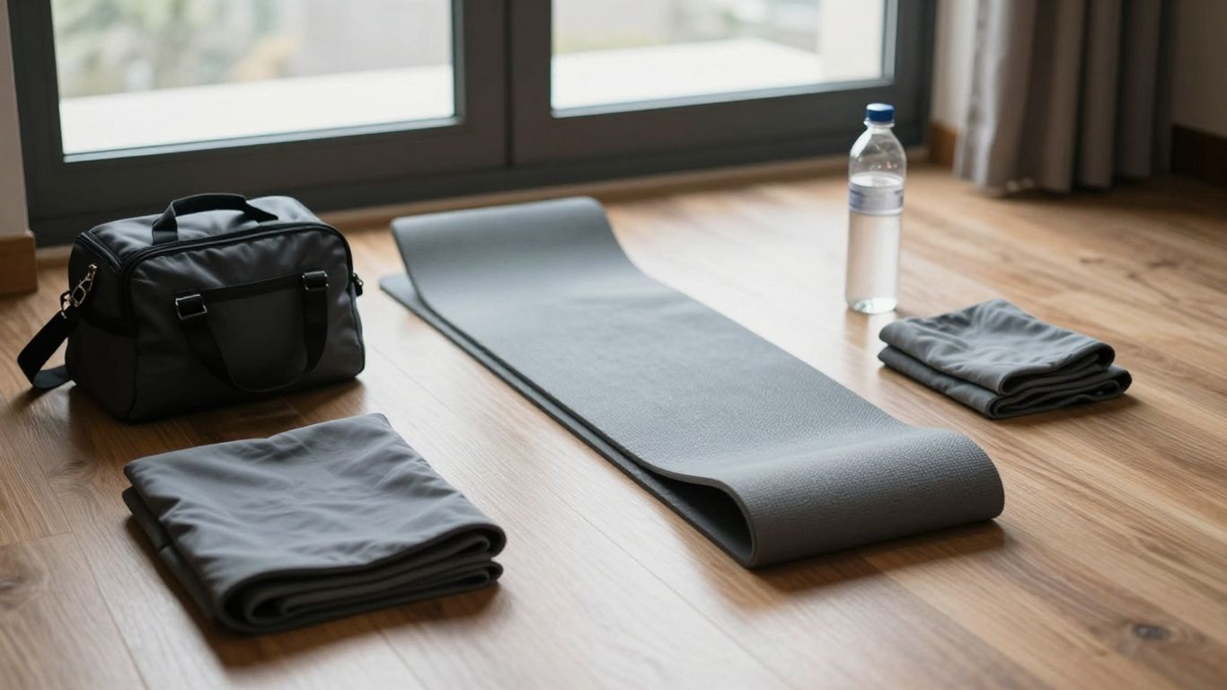 Yoga mat folded beside a travel bag