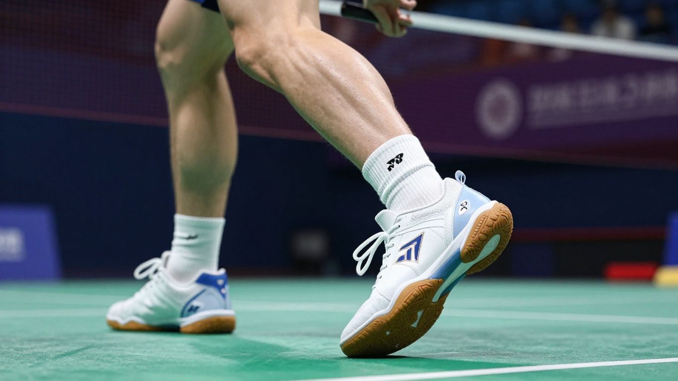 Badminton player's athletic shoes in action on court.