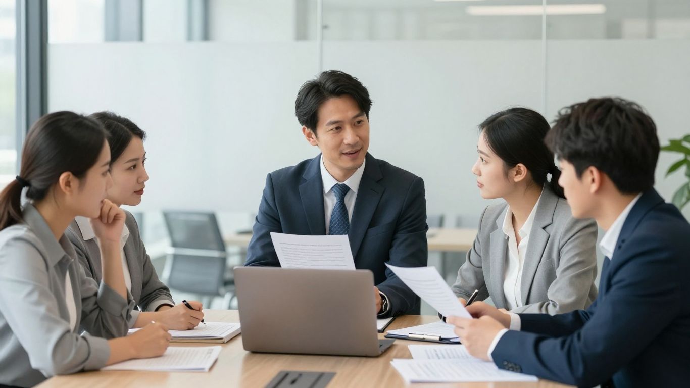 Manager reviewing employee feedback with a small team