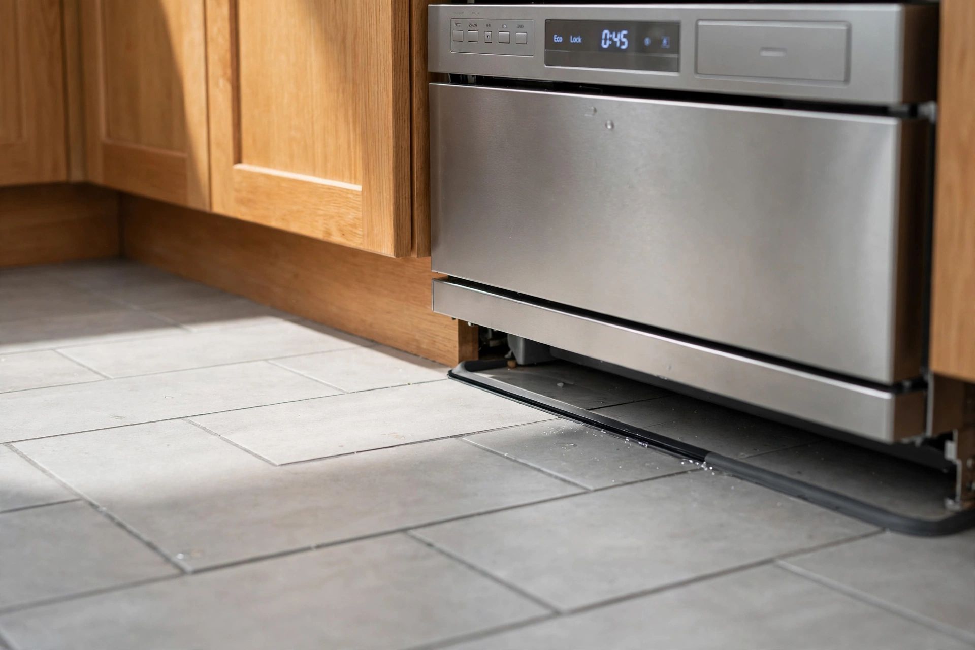 A fitted kitchen floor beside a dishwasher, highlighting the edge and appliance zone