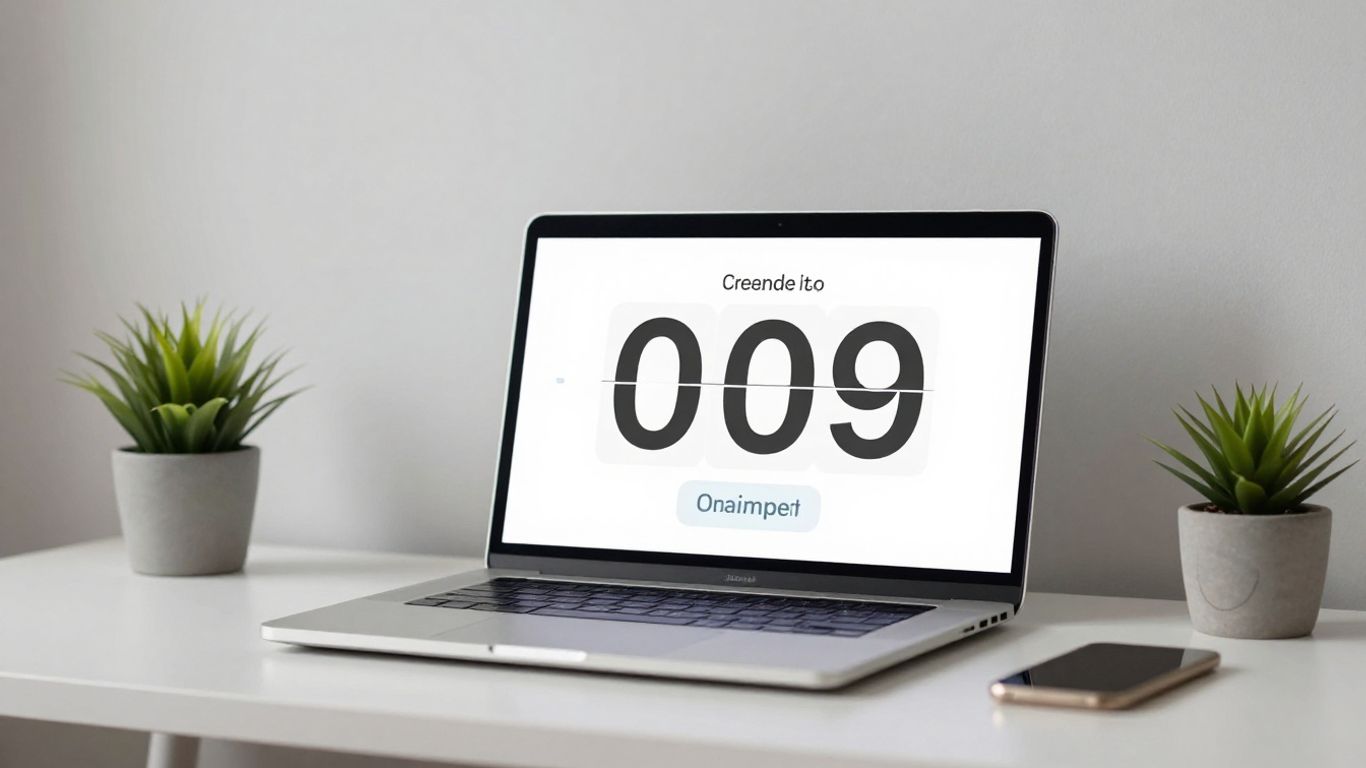 Pomodoro timer interface on a minimalist desk.