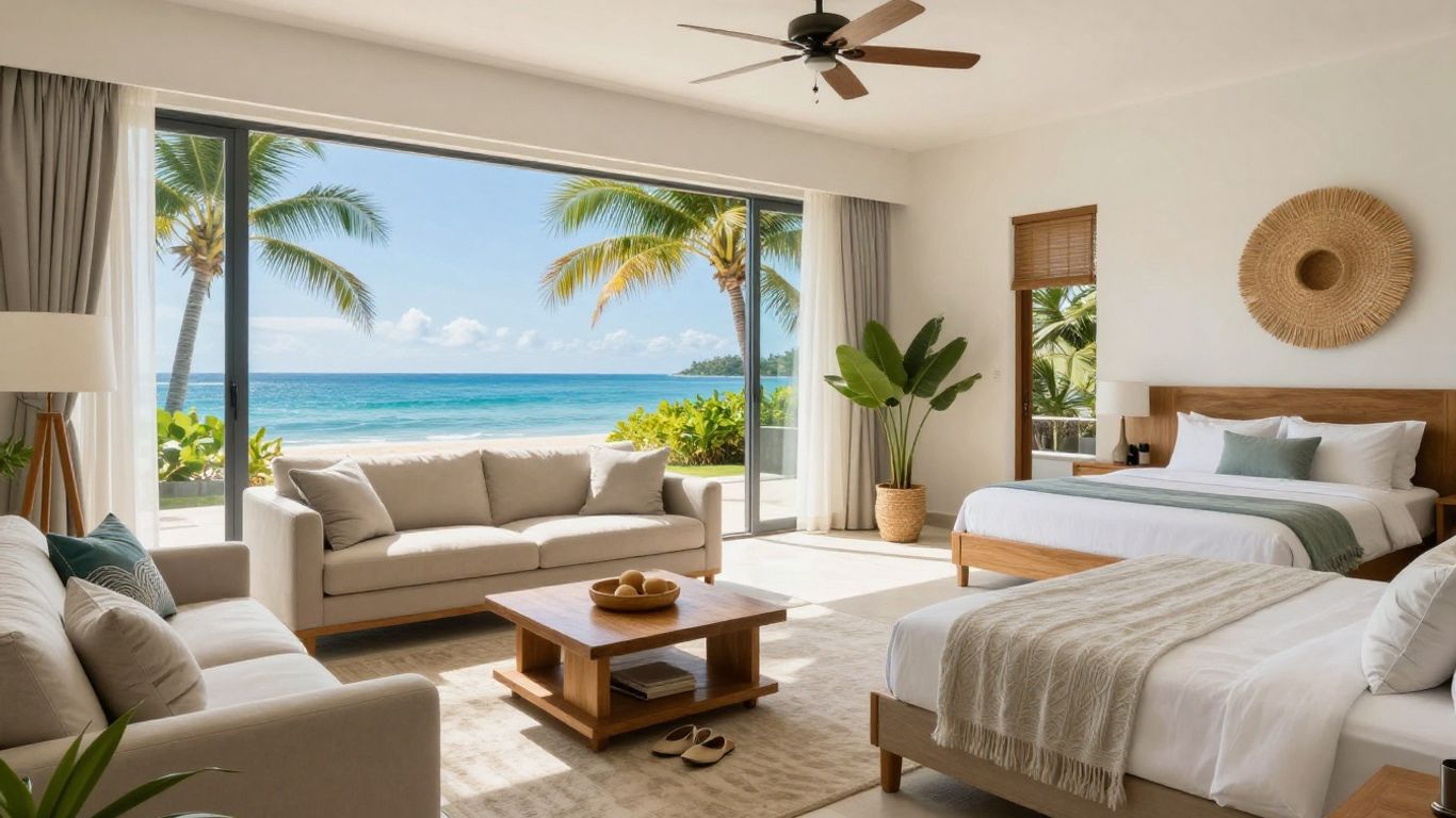 Hilton Head Airbnb interior with coastal decor and tropical view.