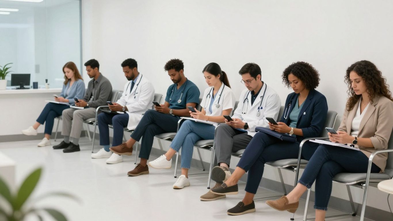 Diverse Americans in a modern clinic waiting area.