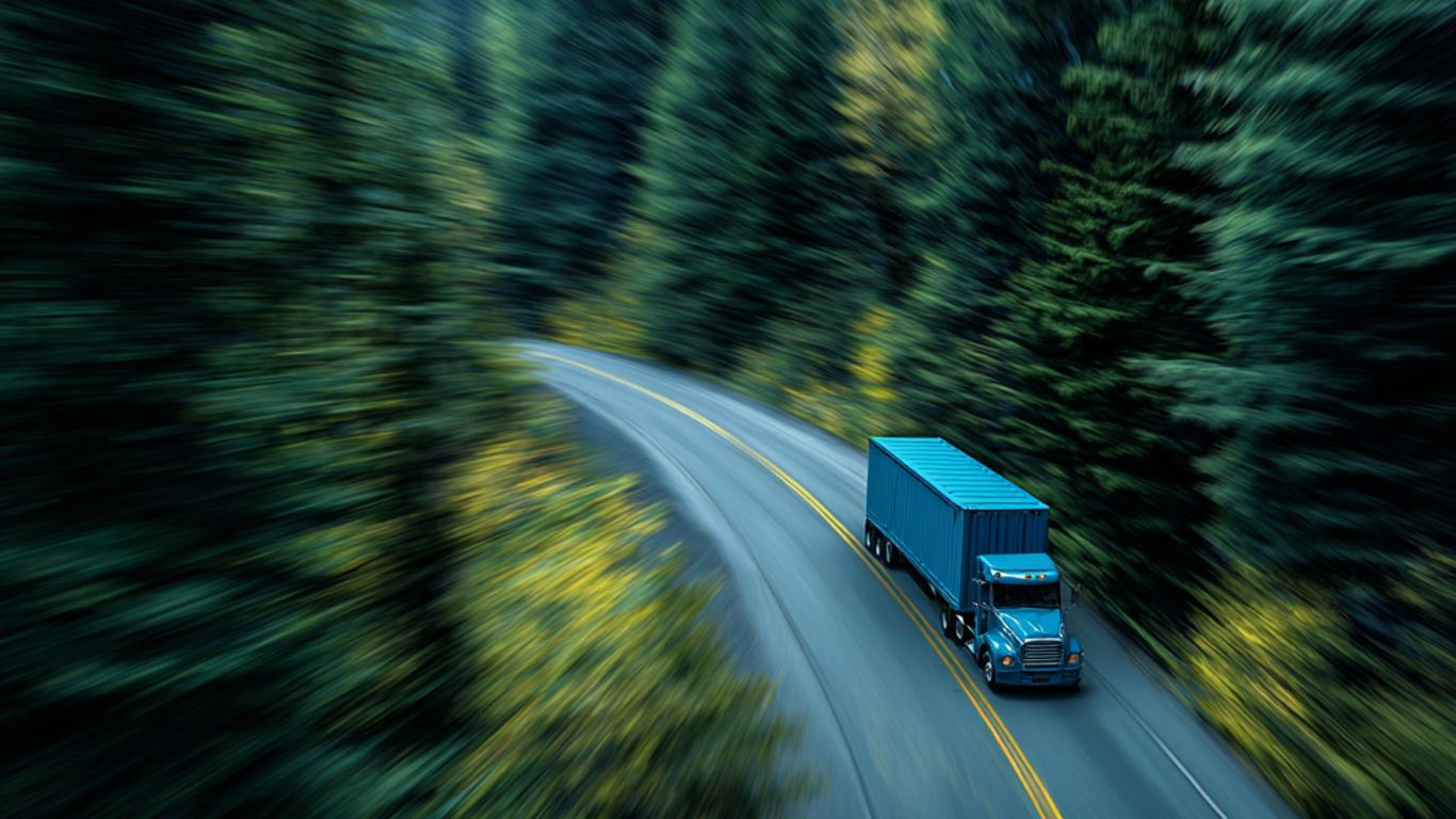 A blue semi-truck drives down a winding road through a forest.