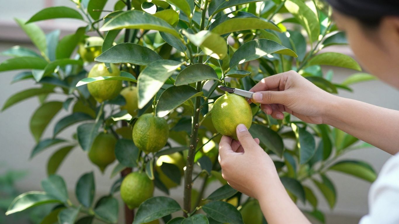 A gardener thinning a citrus tree canopy