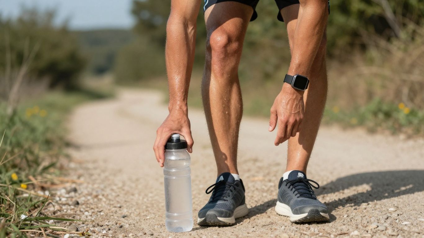 Runner drinking water on a trail before a run.
