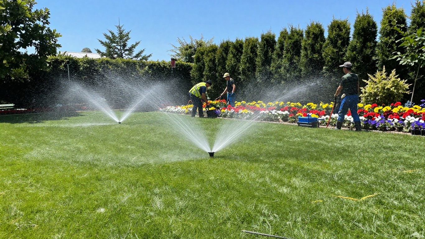 Landscaping and irrigation work in progress on a sunny day.