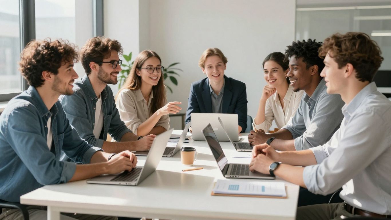 Young professionals collaborating in a bright, modern office.