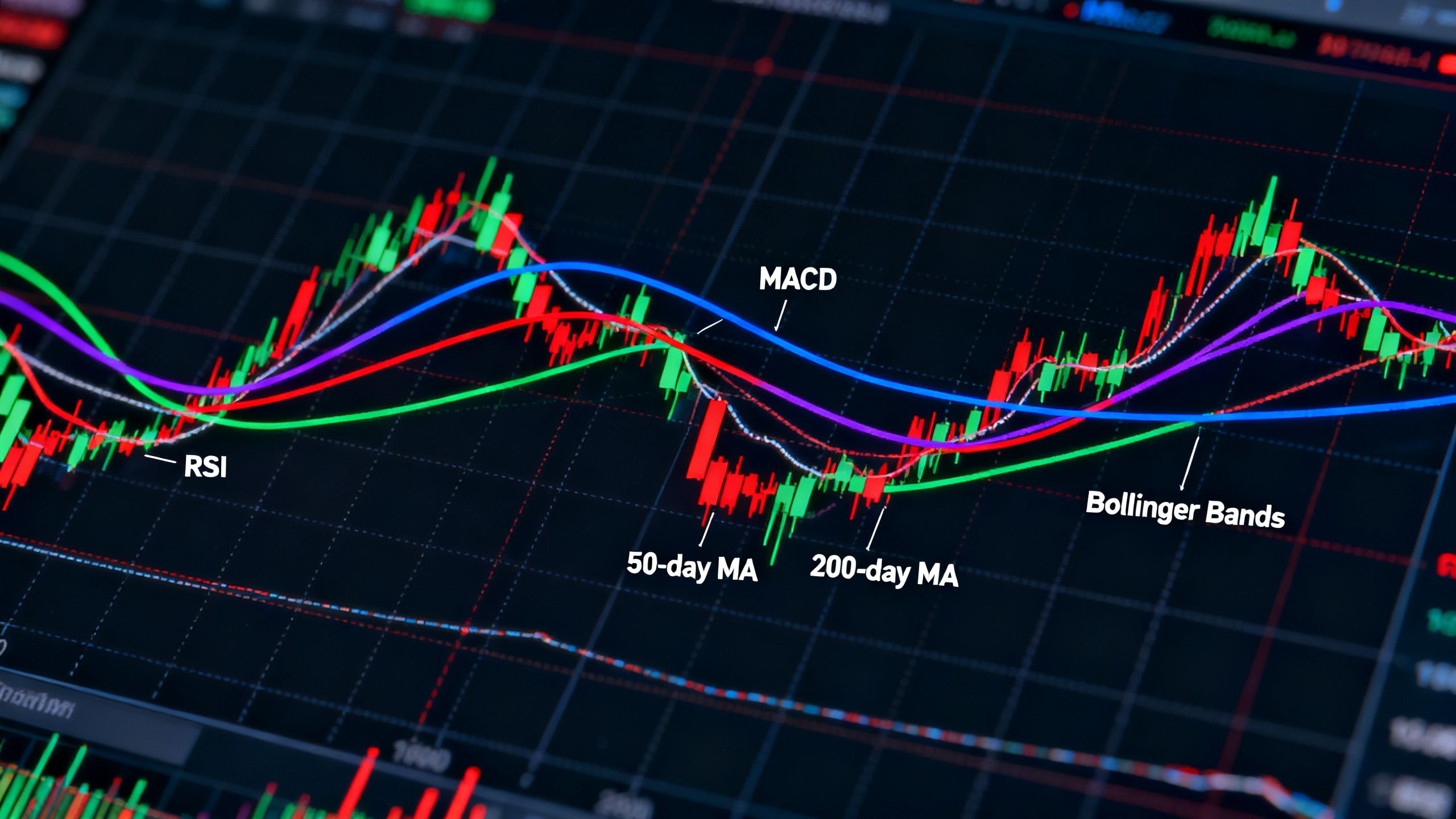 Trading chart crowded with RSI, MACD, moving averages, and Bollinger Bands illustrating false confluence from correlated indicators