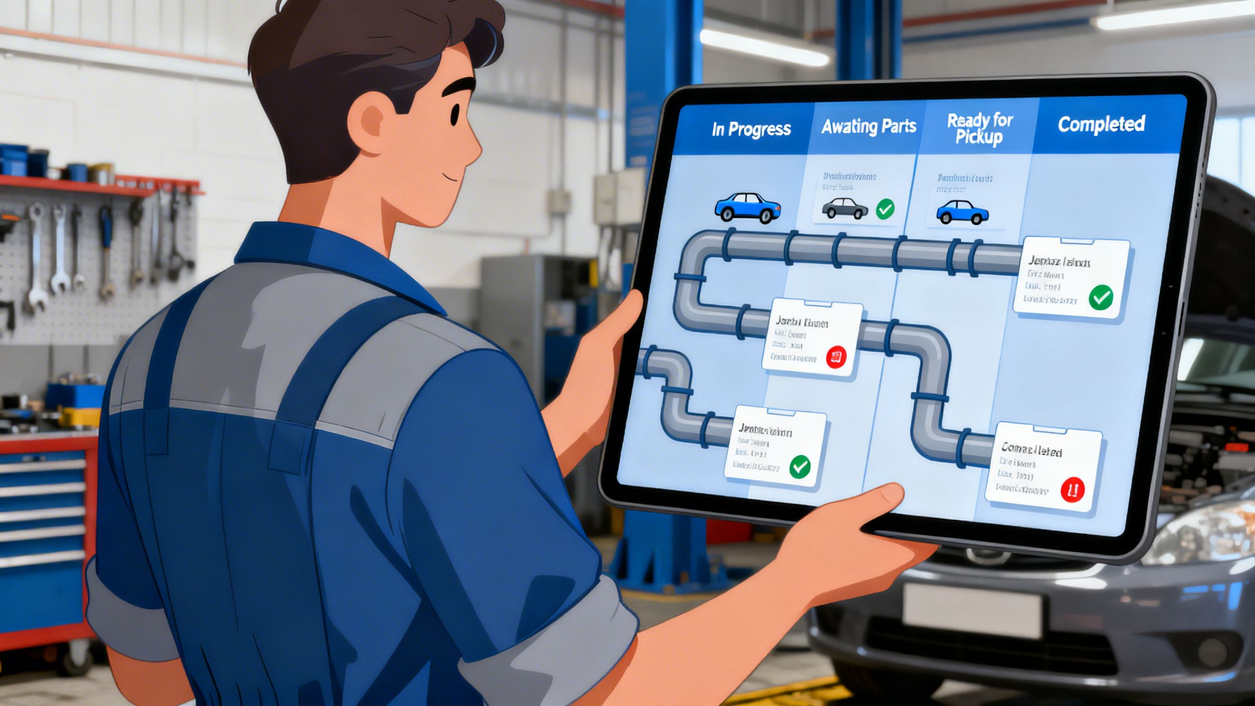 A service advisor on a tablet managing a visual pipeline of auto repair jobs