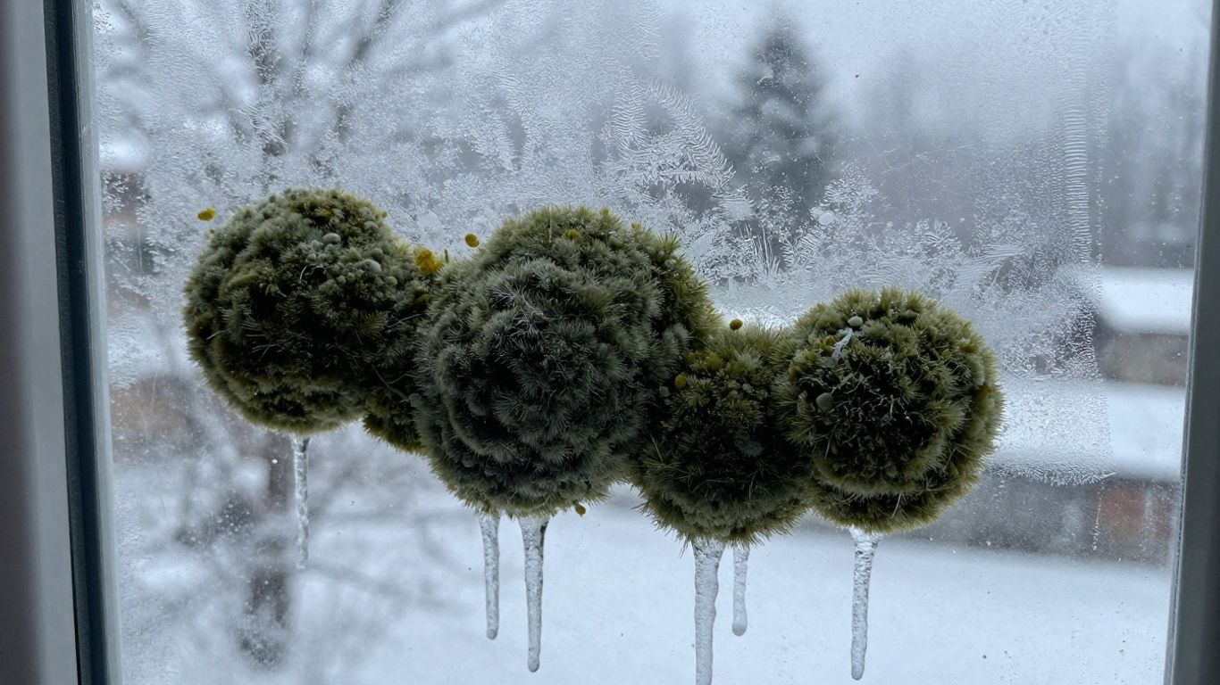 Mold growing on a frosty winter windowpane.
