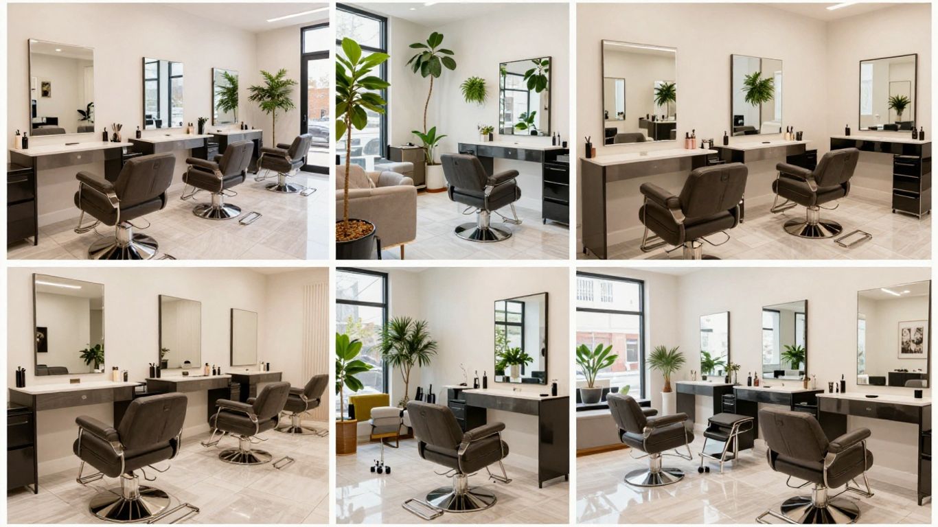 Modern salon interiors with plush seating and elegant styling stations.