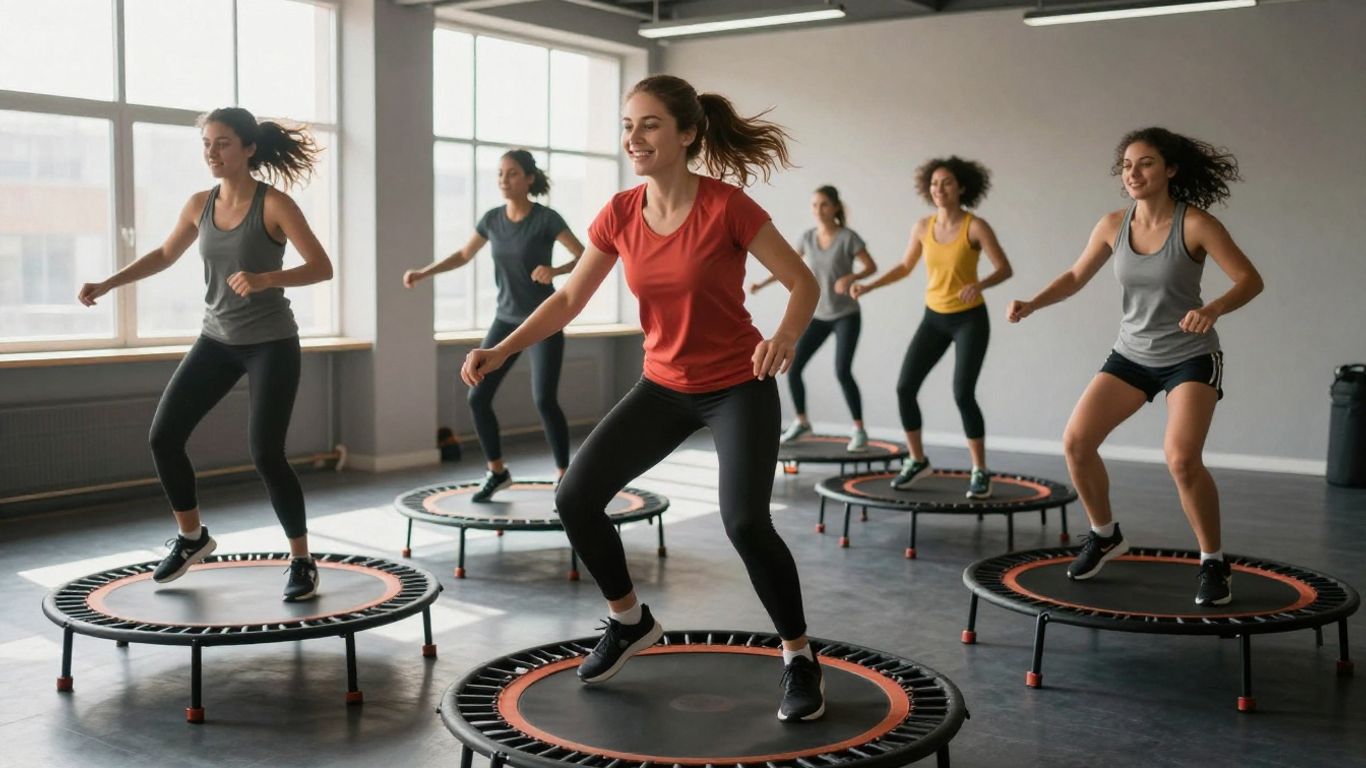 People rebounding on mini-trampolines in a fitness class.