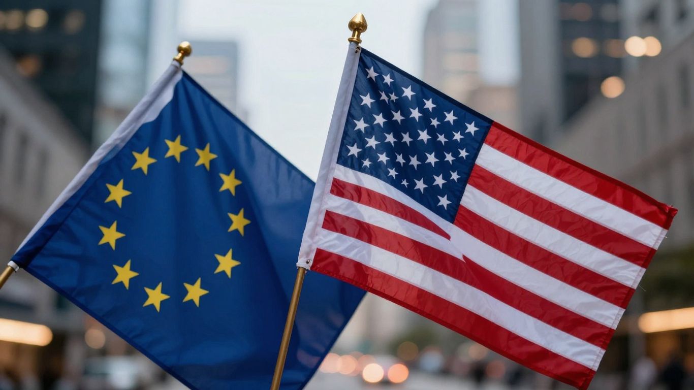 European and US flags intertwined, city lights background.