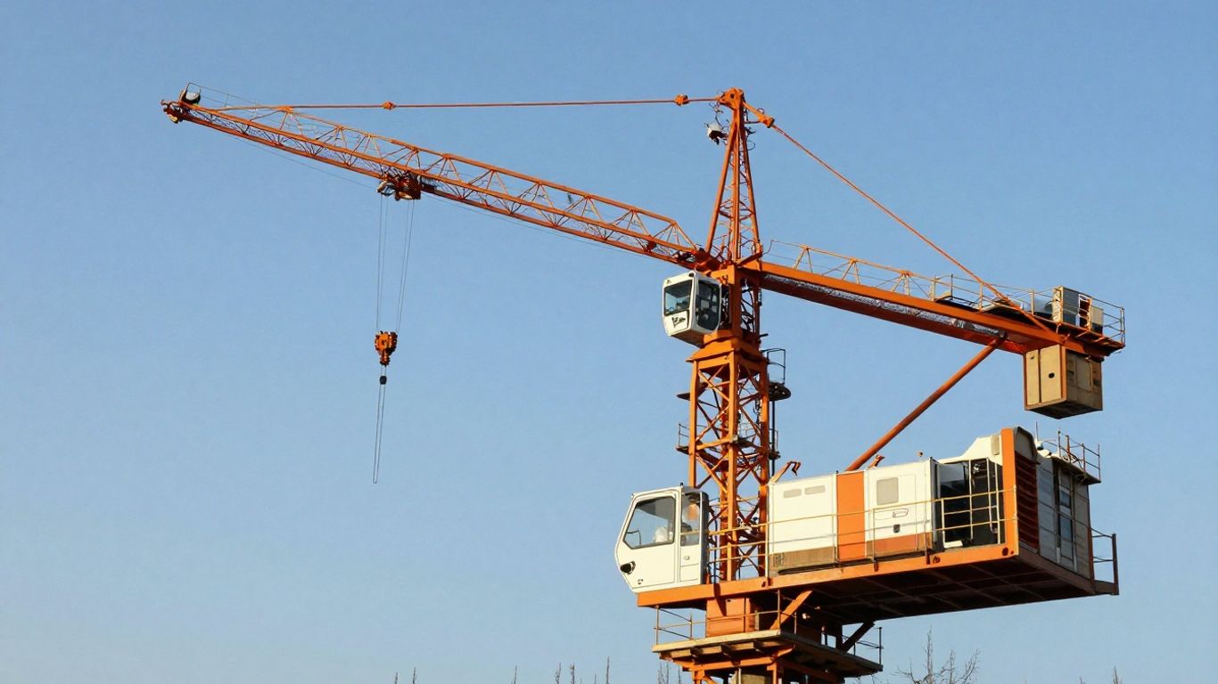 Mobile crane on a construction site against blue sky.