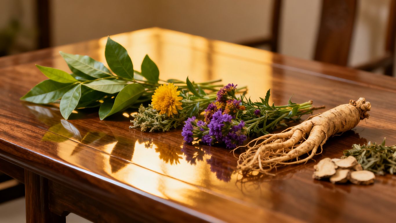 Plantes médicinales sur table en bois