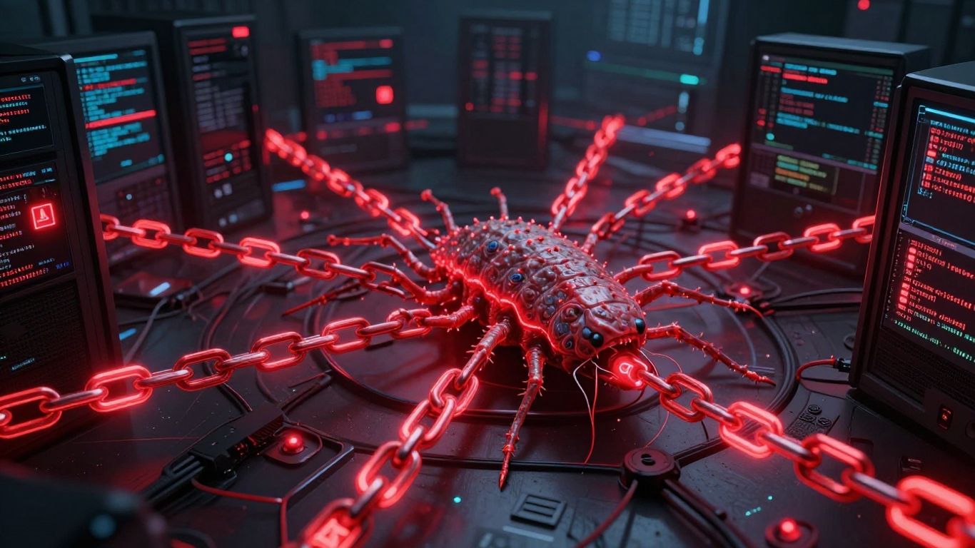 Digital worm disrupting a computer network, red alerts flashing.