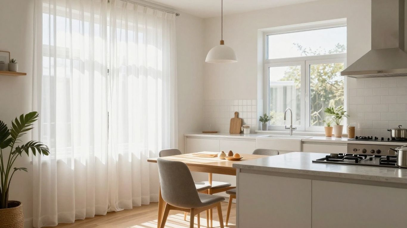 Bright kitchen with diffused sunlight and no glare.