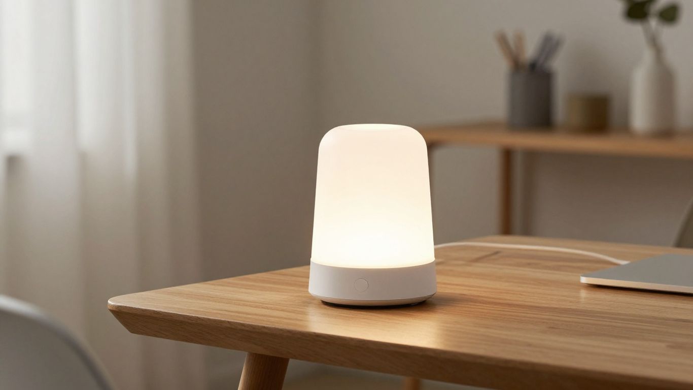 Eine moderne Lichttherapie-Lampe auf einem Schreibtisch platziert