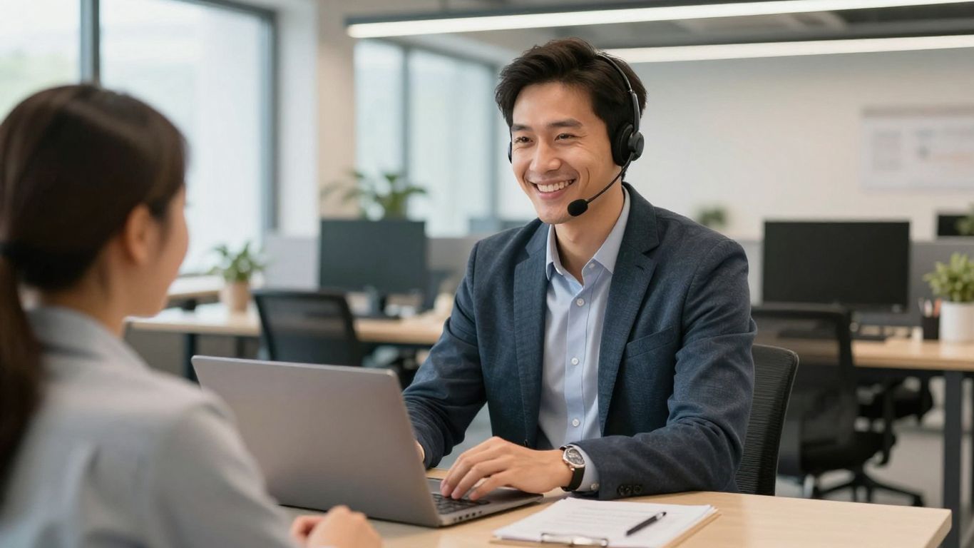 Técnico de soporte informático brindando ayuda personalizada a un cliente.