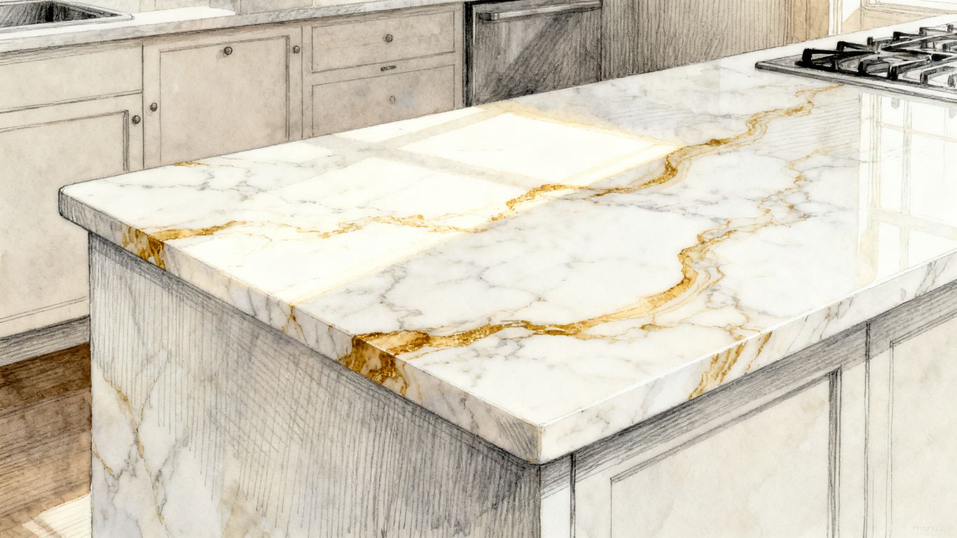 White marble island with warm gold veining
