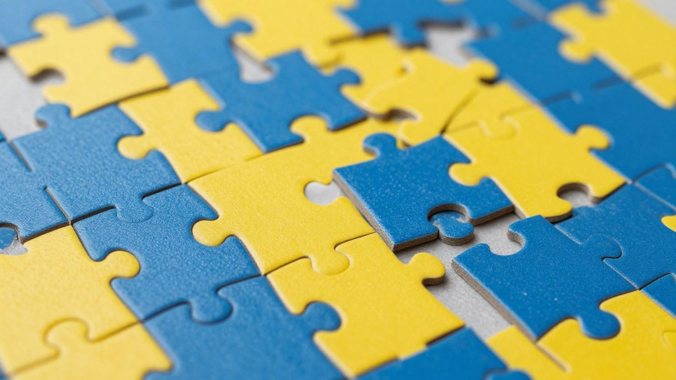 Interconnected puzzle pieces in blue and yellow.