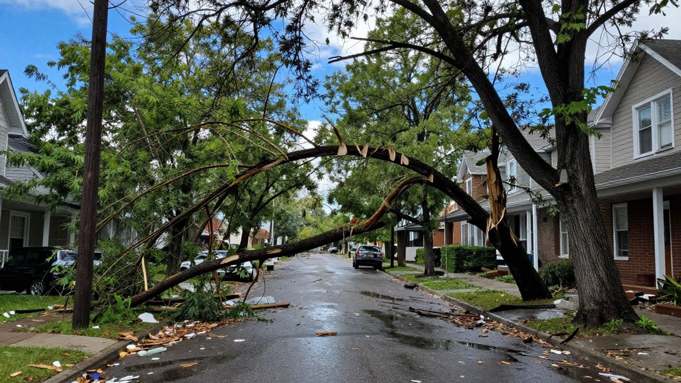 Neighborhood street after storm with debris and damaged trees.