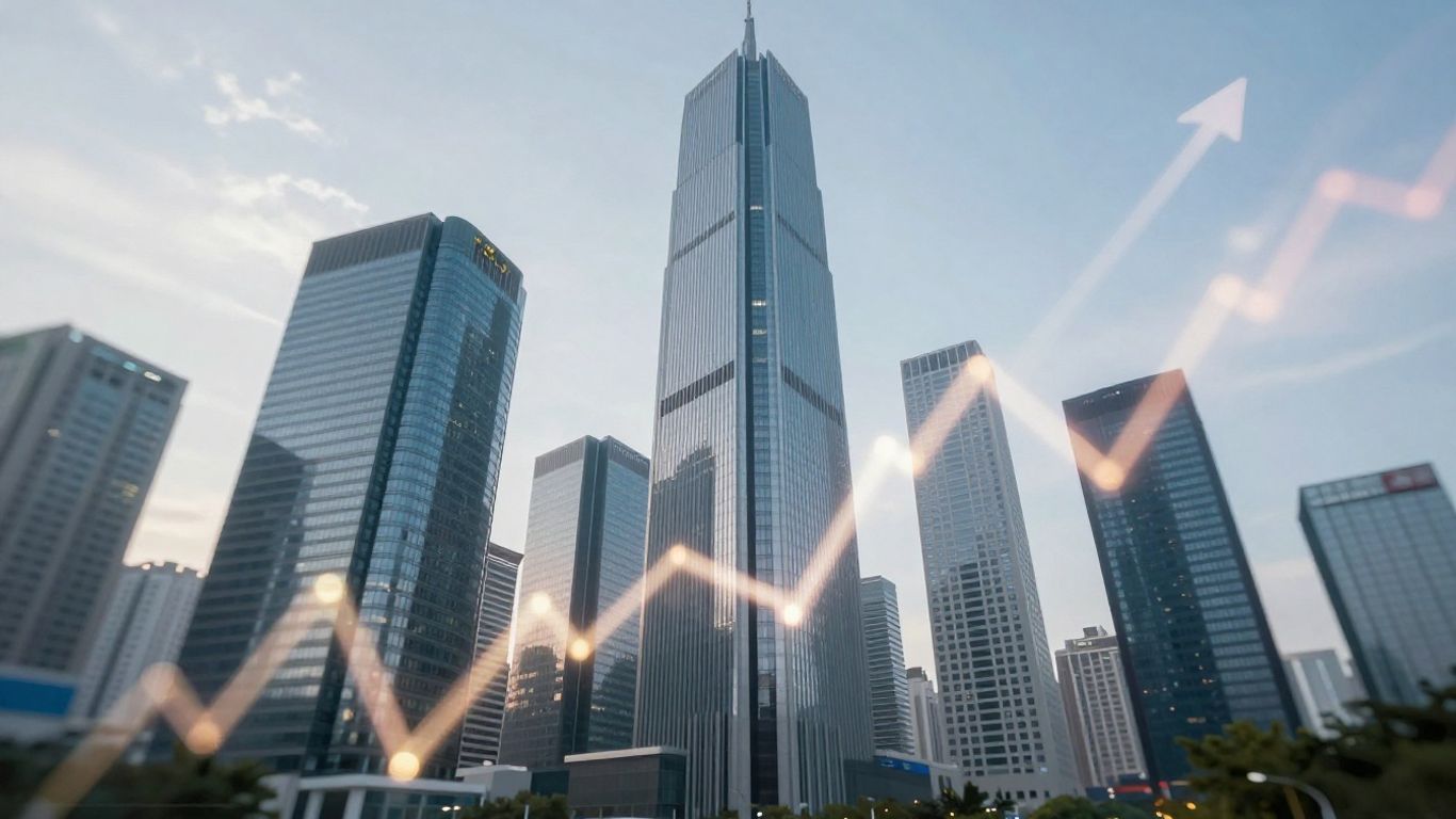 Financial competition with skyscrapers and upward trends.