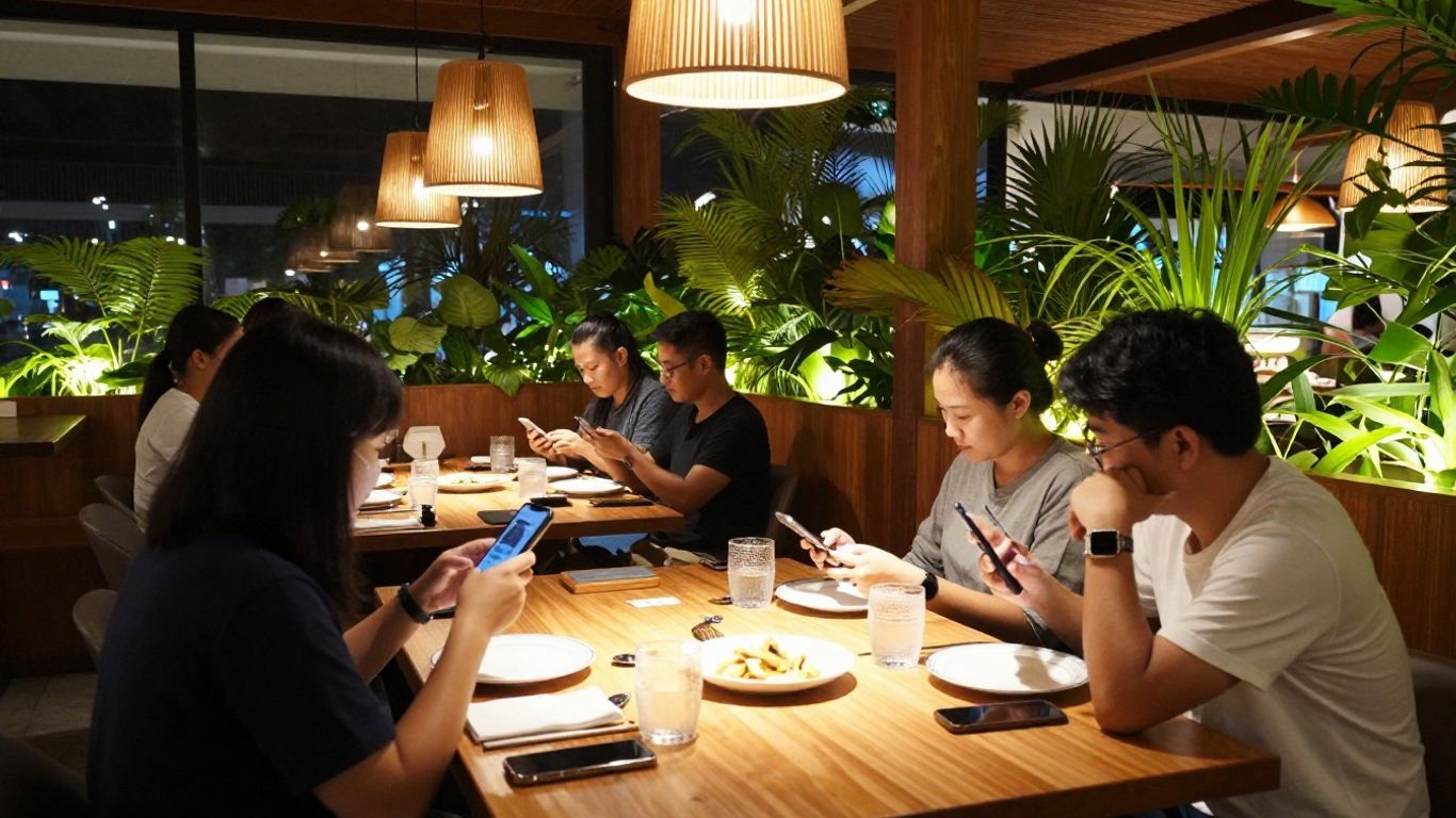 Singapore restaurant diners searching on phones