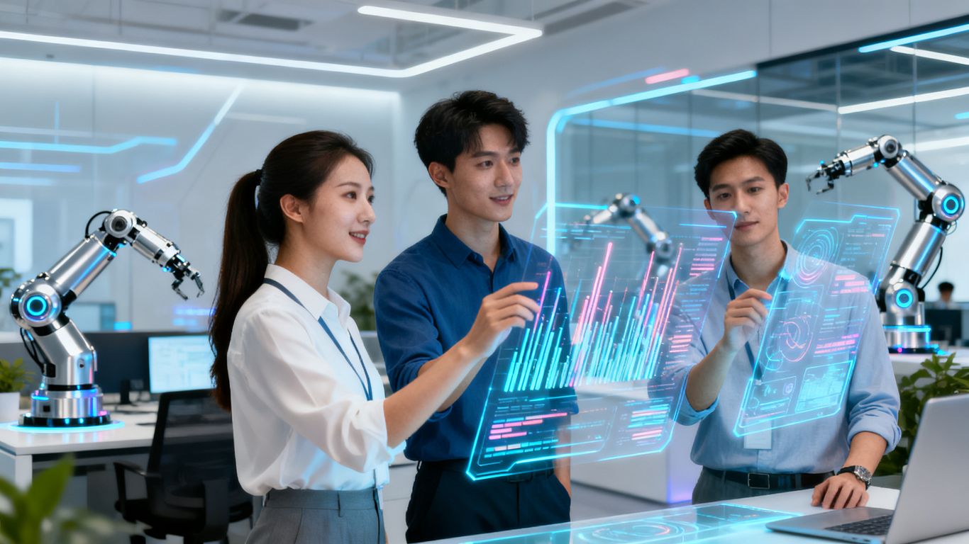 Young professionals using AI interfaces in a modern office.