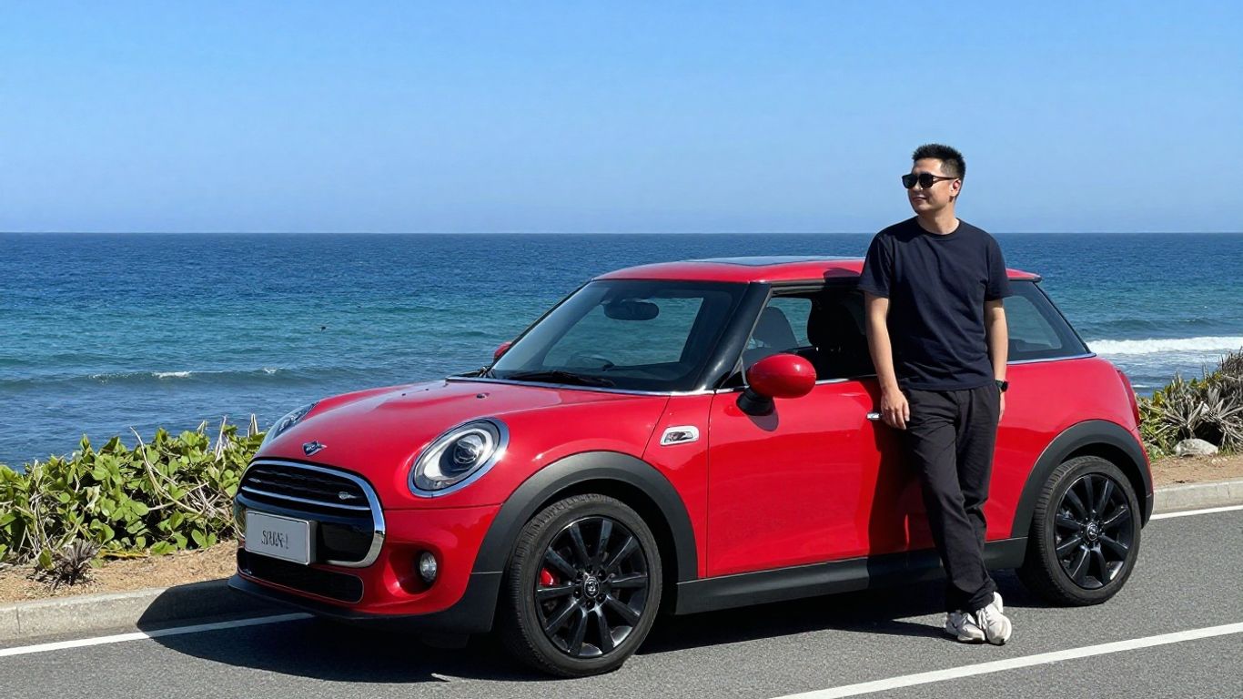Red Mini Cooper on a coastal road with ocean view.