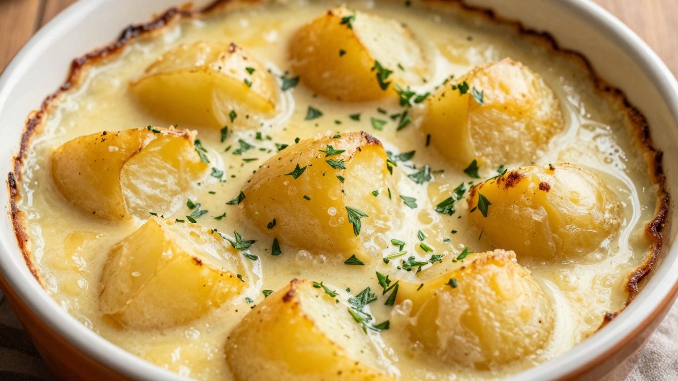 Aardappelgratin in een ovenschaal met kruiden.