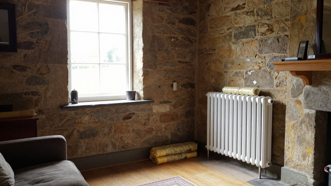Maison ancienne avec radiateur et matériaux d'isolation.