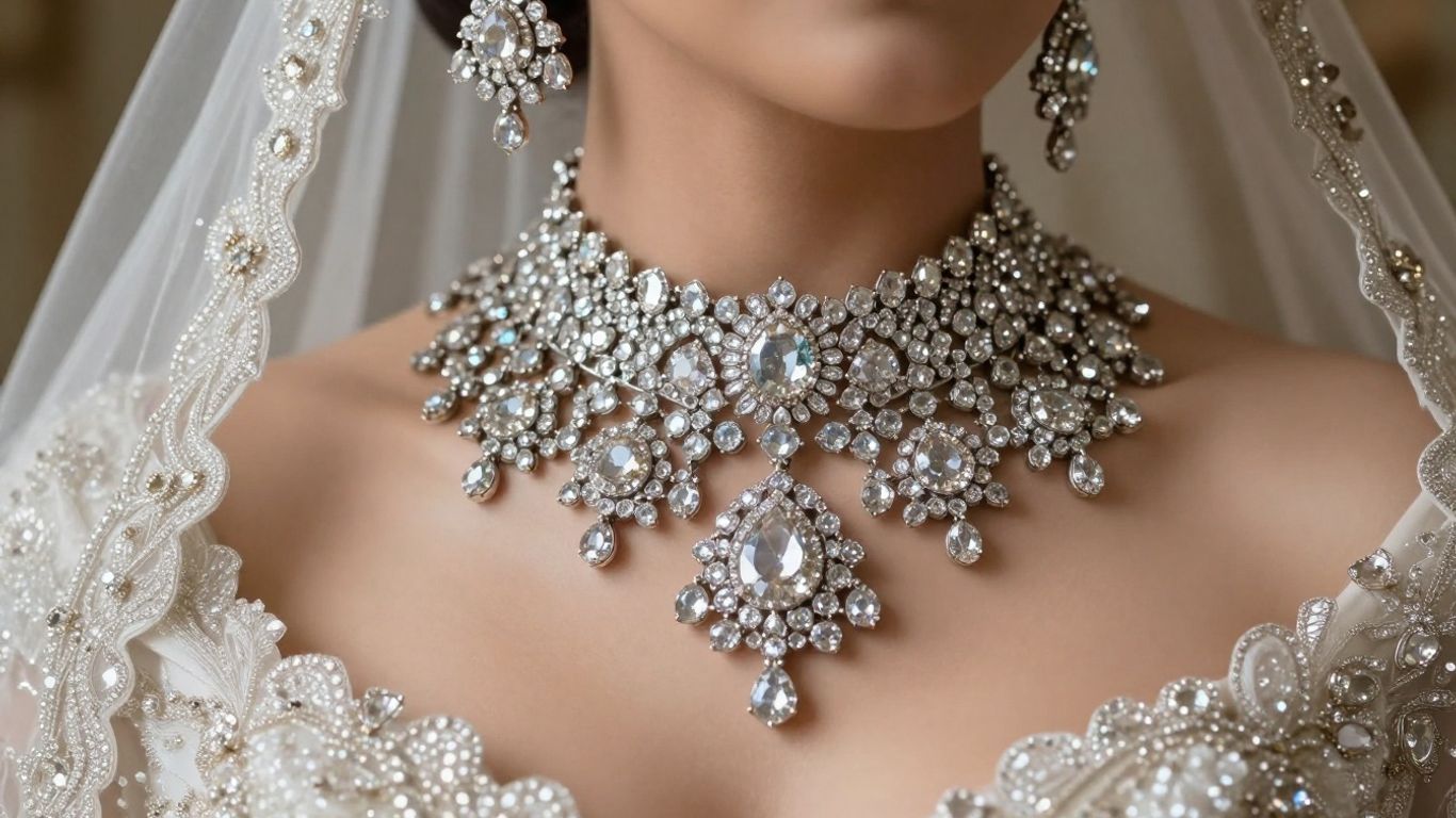Bride wearing a sparkling wedding jewellery set.