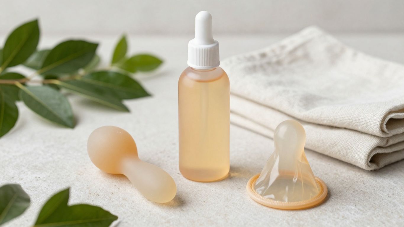 Minimal lubricant bottle with condoms and silicone toy
