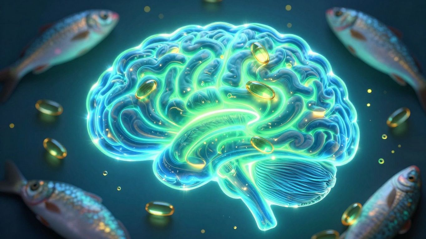 Brain silhouette with luminous light and fish oil capsules.