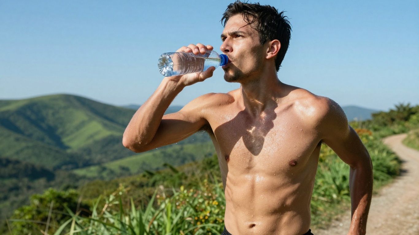 Runner drinking water on a trail.
