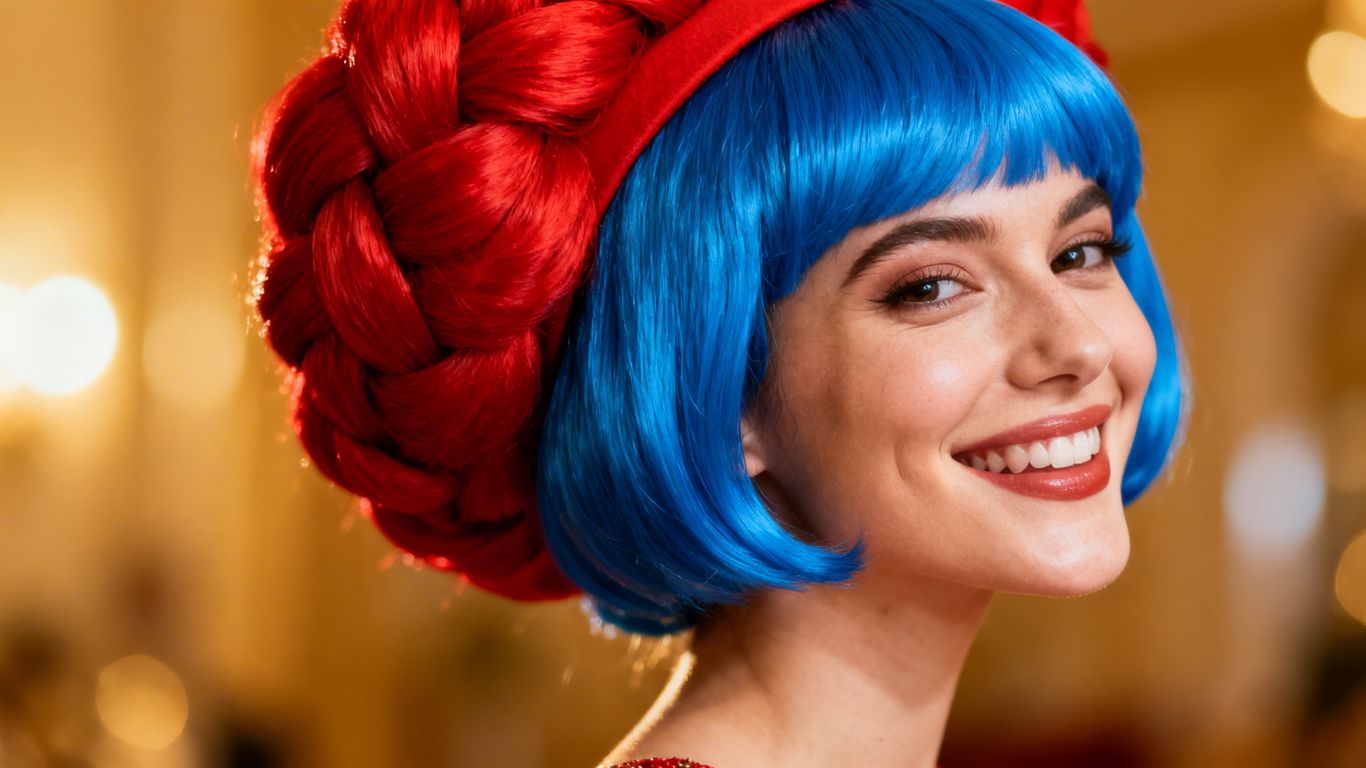 Woman with festive wig, comfortable and secure style.