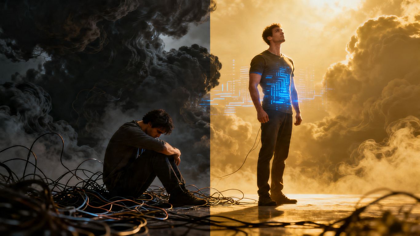 Person transforms from dejected to confident, favored by algorithms.