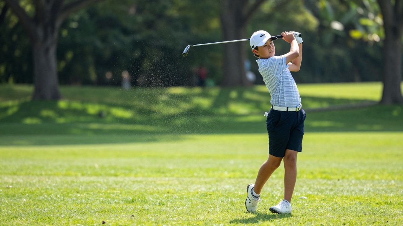 Junior golfer swinging club on a sunny golf course.
