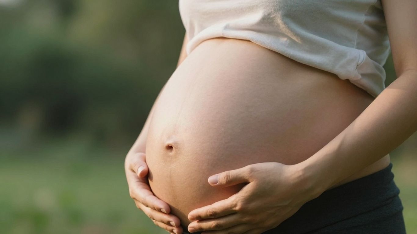 Mujer embarazada tocando su vientre en la semana 22.