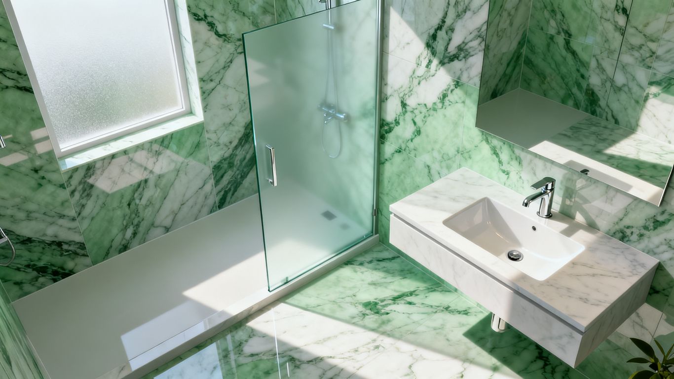 A modern bathroom accented with marble