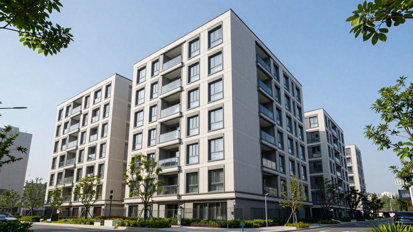 Edificio residencial moderno con cielo despejado.