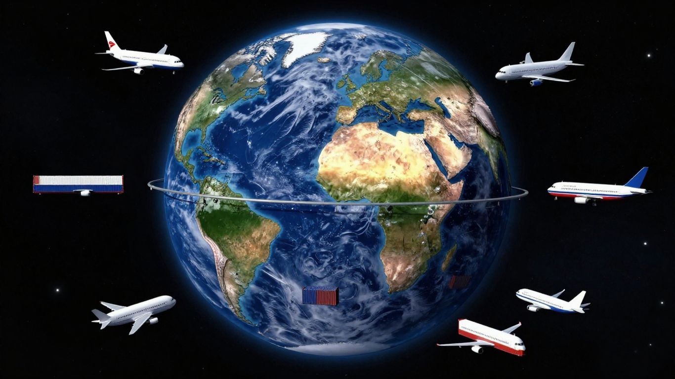 Global shipping and logistics network illustration.