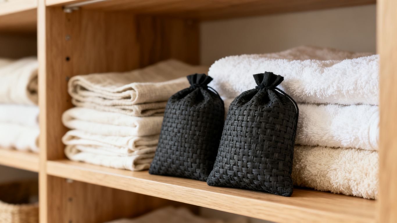 Charcoal bags placed near fabrics